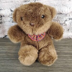 Commonwealth Vintage Brown 6" Sitting Teddy Bear Red Plaid Ribbon 1988